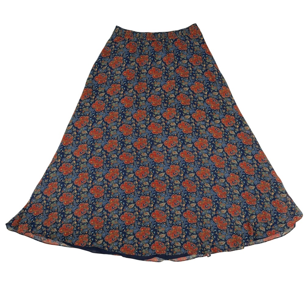 Lizsport Vintage Floral Chiffon Maxi Skirt Womens M Navy Orange Boho Flowy Lined